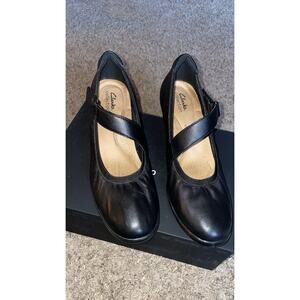 Clarks Women’s Black Leather Mary Jane Wedge Heels Comfort Round Toe US 10